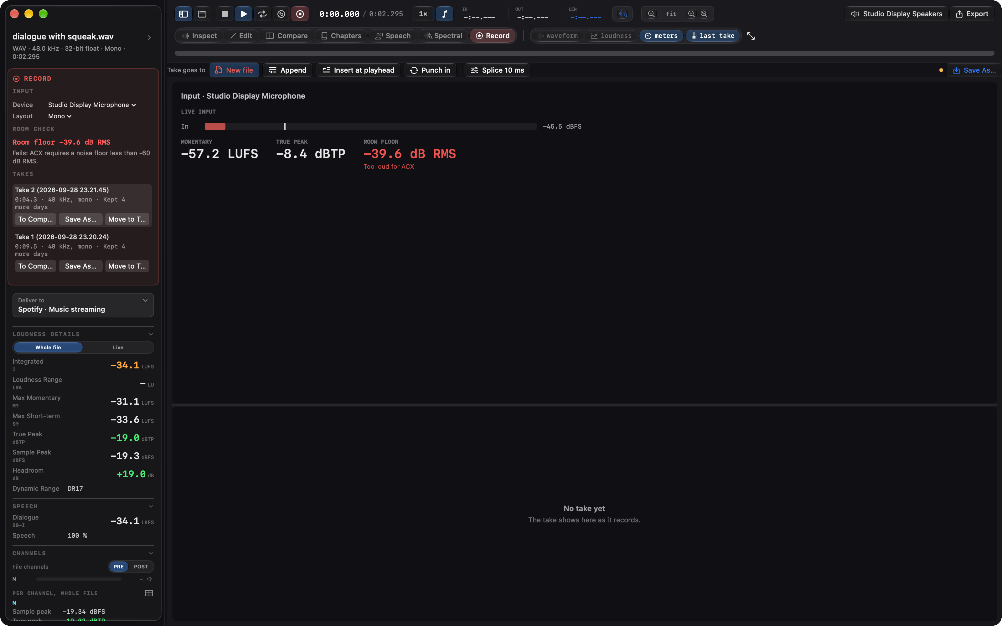 Specula's Record task, armed: each input channel's level and peak, the momentary loudness and true peak, the room check against ACX's noise floor, and the input, room check and takes in the sidebar.