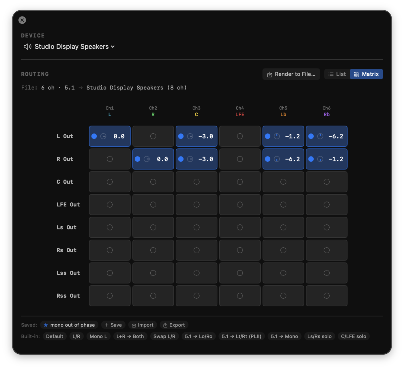 The Output window with a 5.1 to stereo downmix and the Render to File button in the header.