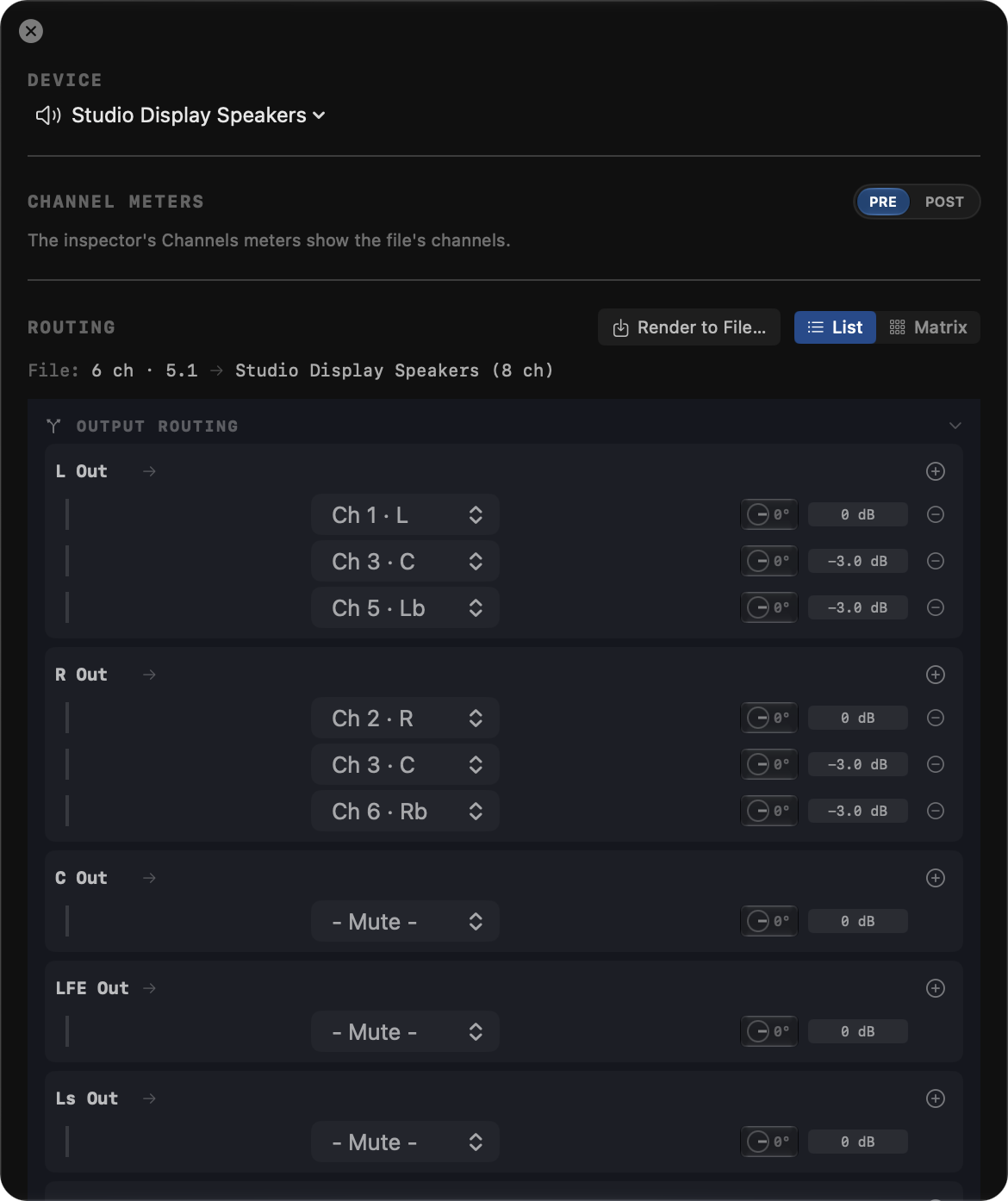 The routing list view with typeable per-contribution dB values and the preset bar above it.