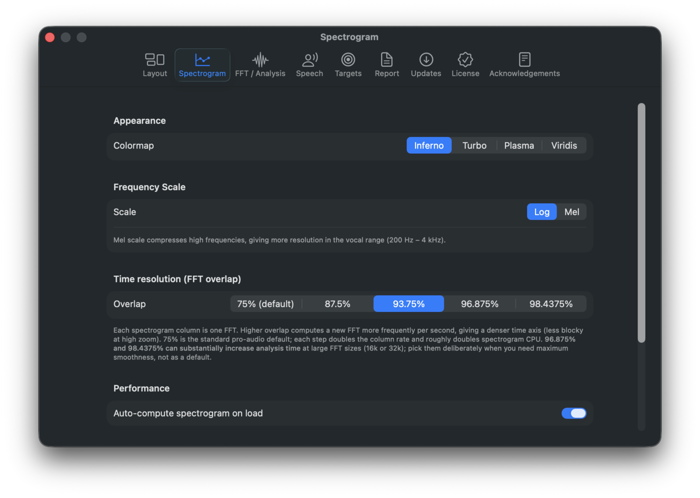 Settings Spectrogram tab with colormap, frequency scale, and floor and ceiling sliders.