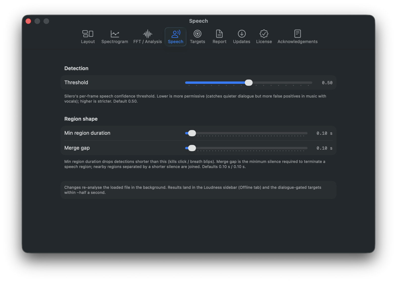 Settings Speech tab with threshold, minimum-region, and merge-gap sliders.