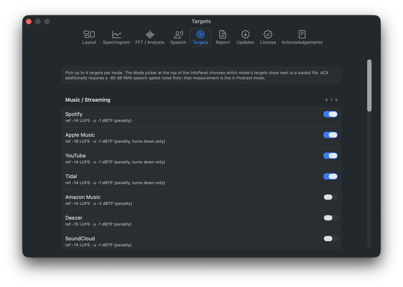 Settings Targets tab with the Music catalog and the default platforms checked.