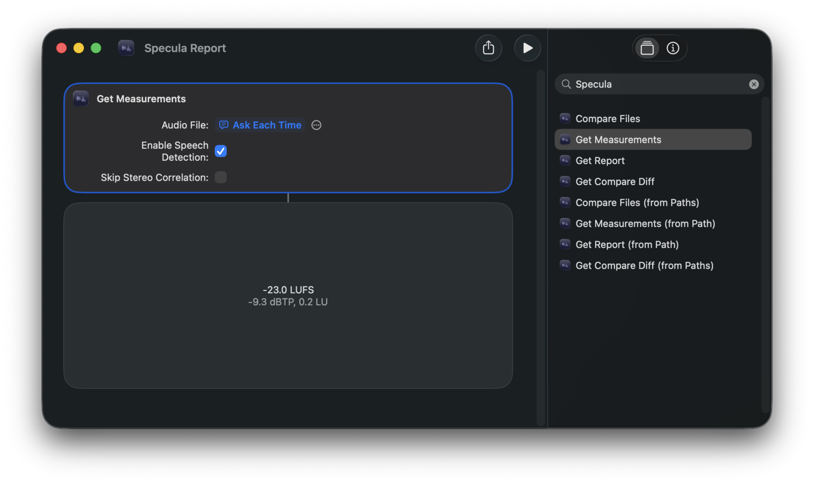 macOS Shortcuts editor with the Get Measurements action and a downstream branch on Integrated LUFS.