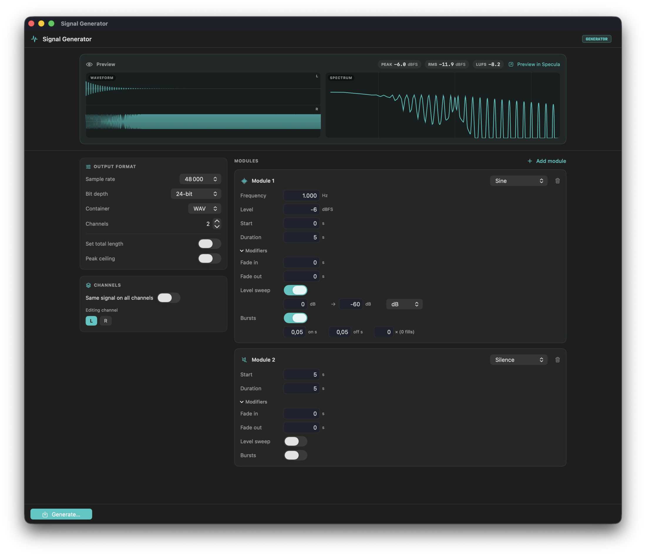 The Signal Generator window: a Sine module and a Silence module stacked in the module list, with per-module level, start, and length controls, output format settings for sample rate, bit depth, and container, and a live waveform and spectrum preview with peak, RMS, and loudness readouts.