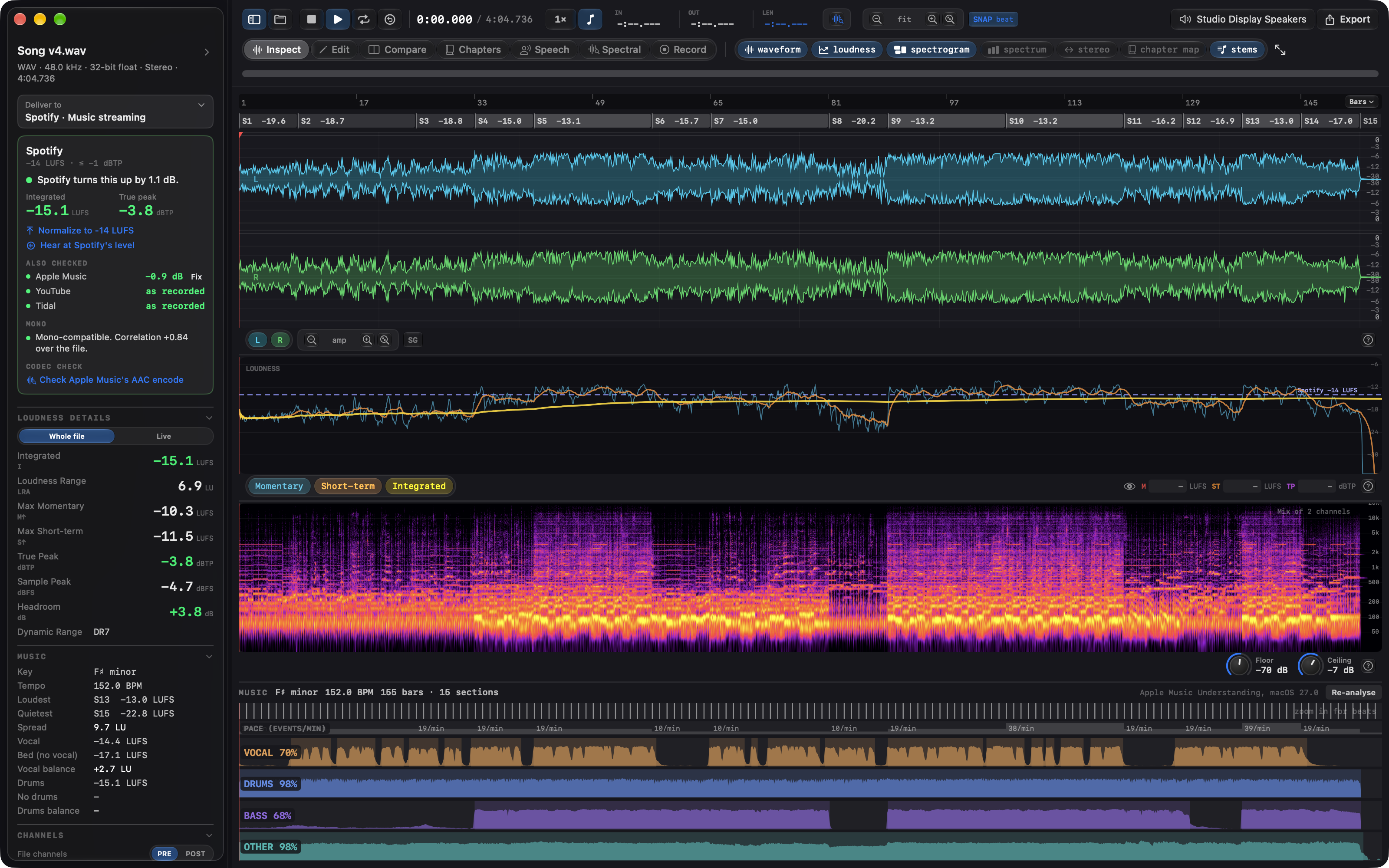 A song in Specula after the music analysis: the sidebar's Music group with key, tempo and sections, the section band under the bars ruler shaded by loudness, and the Stems view with vocals, drums, bass and other.