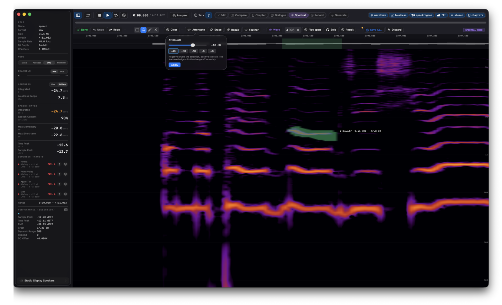 The spectral toolbar with the Attenuate popover open: a dB amount field at the default −18 dB, over an active selection on the spectrogram.