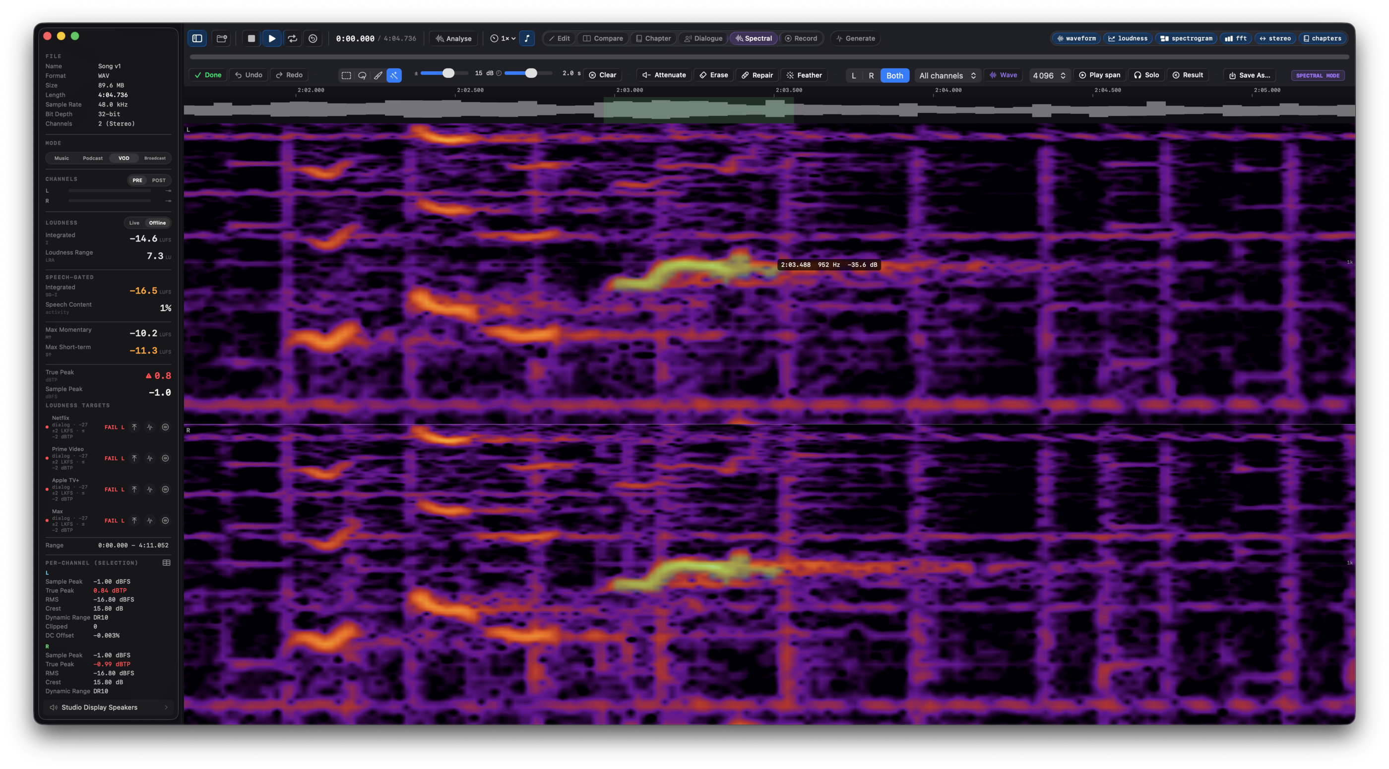 A wand selection hugging a harmonic shape in the spectrogram, with the wand's dB tolerance and time reach sliders visible in the violet spectral toolbar.