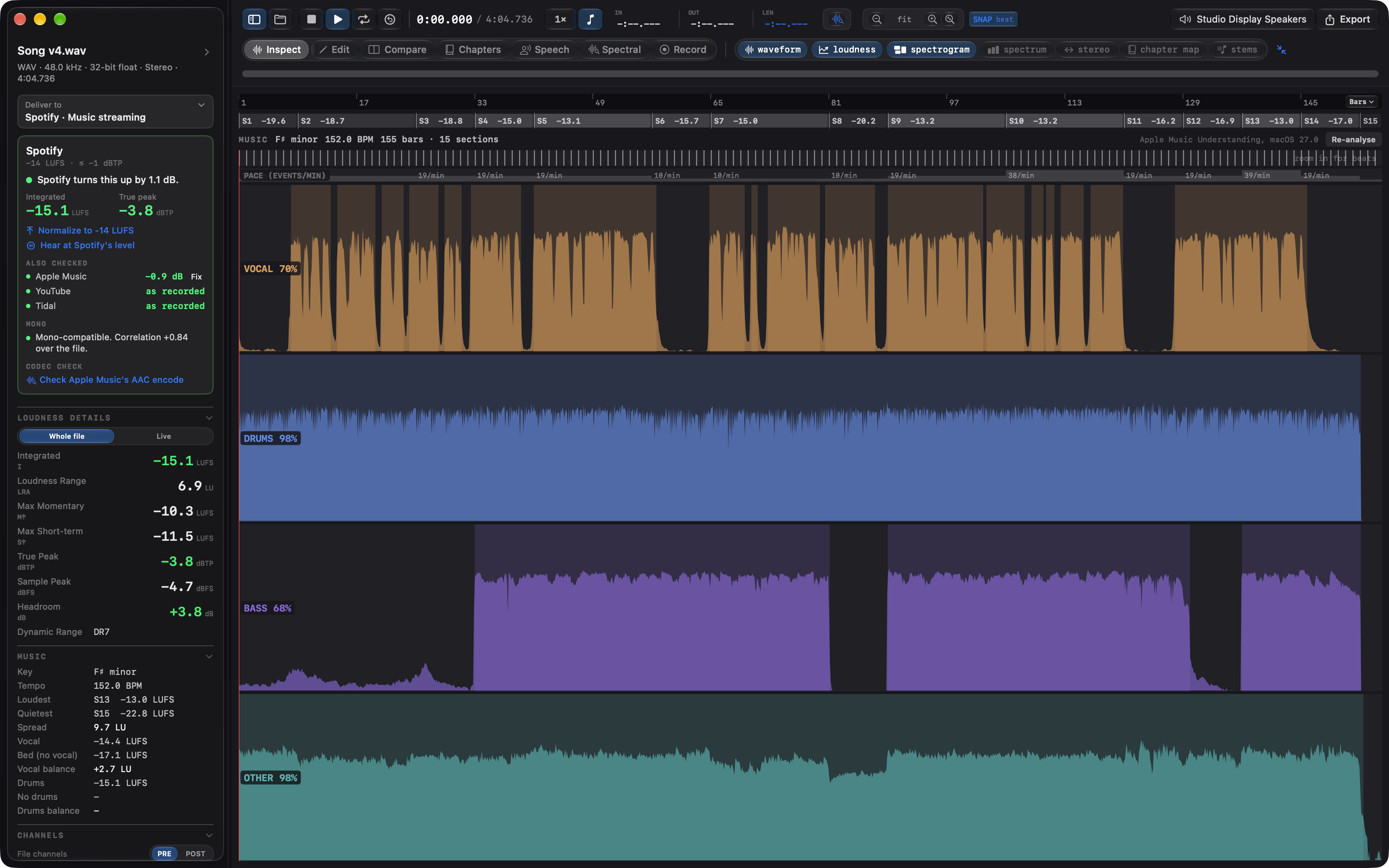 The Stems view maximized: vocals, drums, bass and other, each lane showing where the stem plays and how active it is.