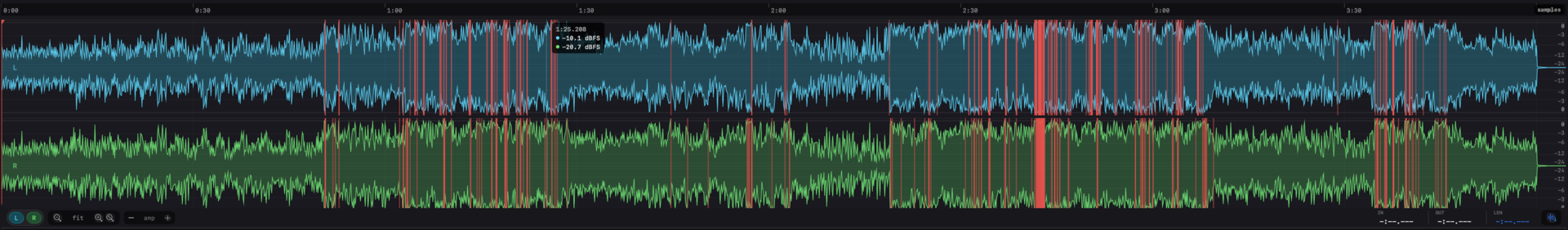 Stereo waveform with a selection highlight and a red clip region on a transient, time ruler on top.