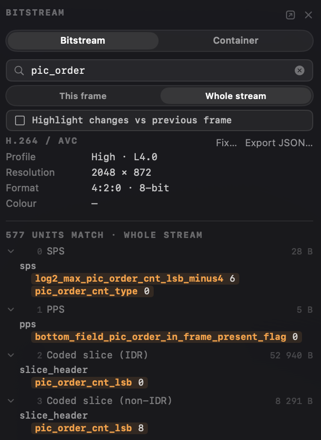 Videre's bitstream inspector: a whole-stream search for pic_order filtering the tree to the SPS, PPS and slice headers that carry it, each match highlighted with its value.