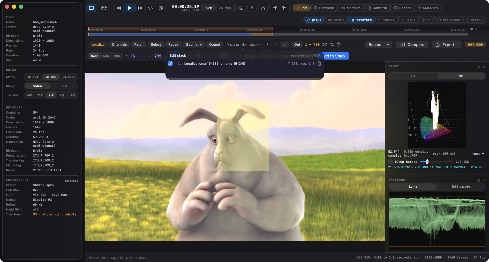 Videre's Edit mode: the edit stack in the toolbar under the seek row, amber in and out marks on the seek bar, and the Levels panel reading the frame through the stack.