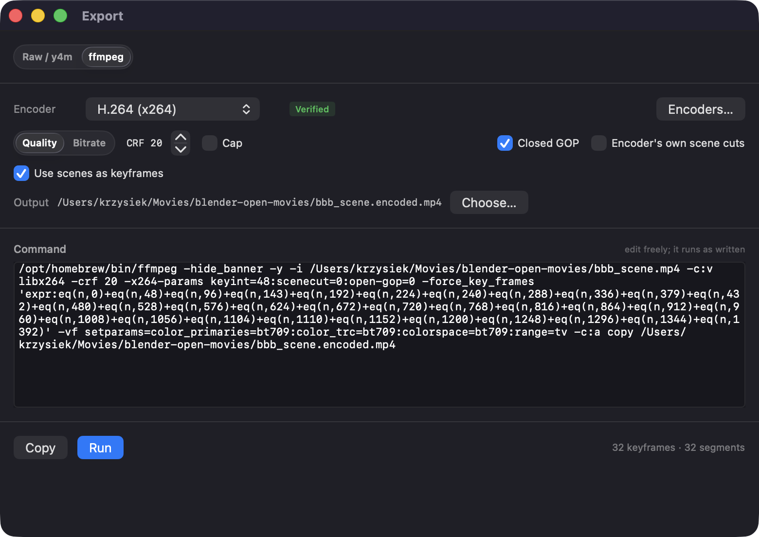 Videre's export window: the ffmpeg destination with the encoder picker, the keyframe plan, and the editable command.