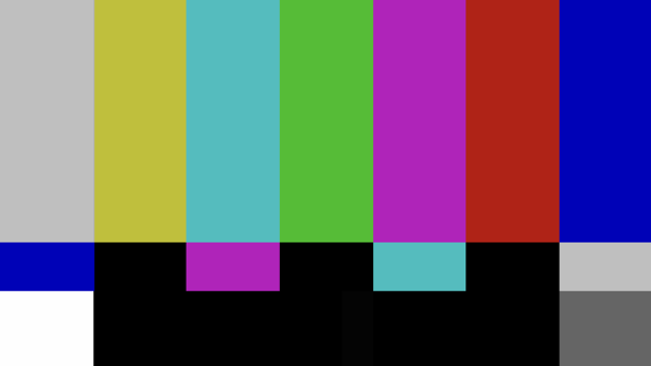 Colour bars test pattern rendered by Videre's signal generator.