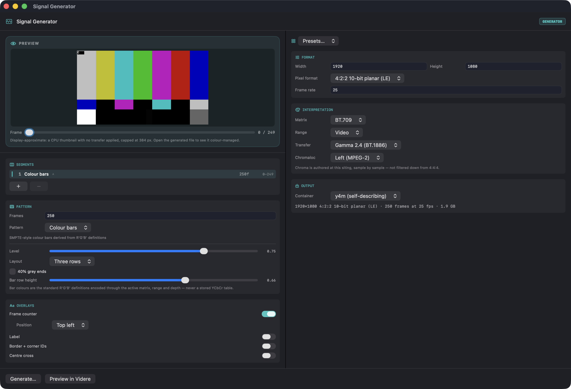 The Signal Generator window with the SMPTE bars preset: preview, segments, pattern and overlay cards on the left, format, interpretation and output on the right.