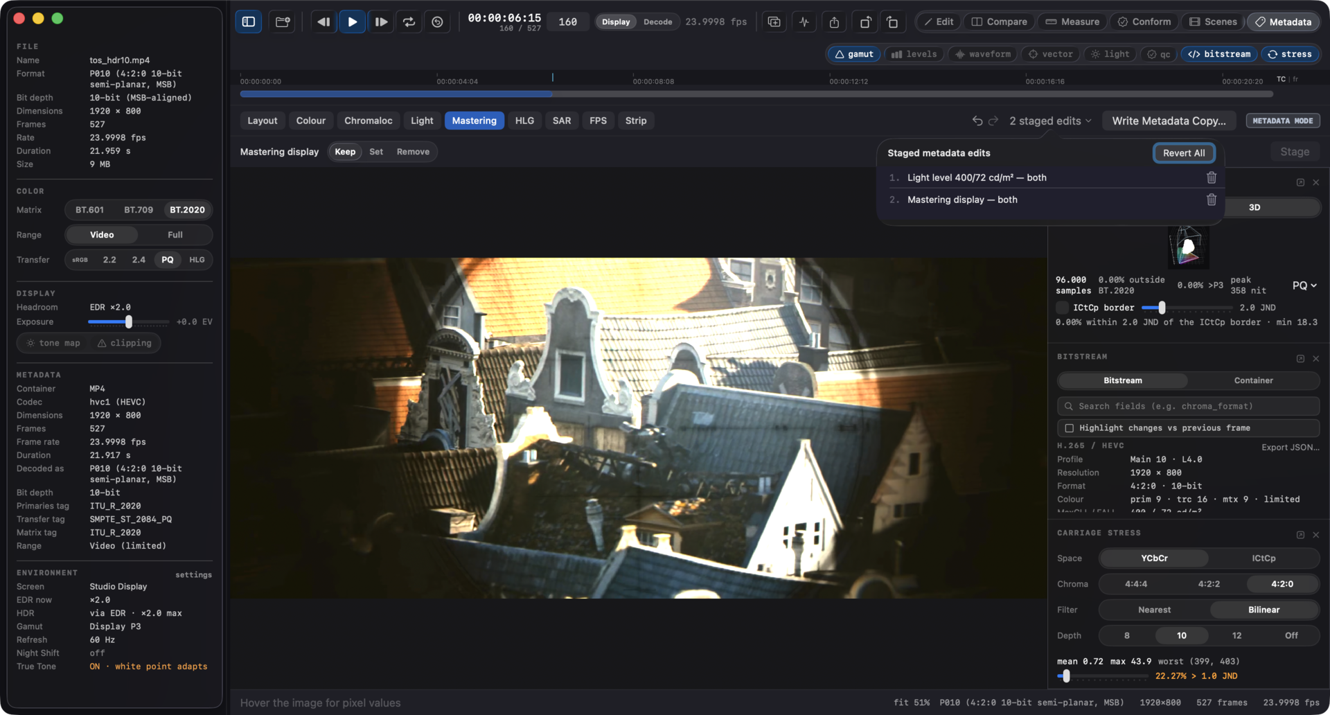Videre's Metadata mode on an HDR file: the guided-fix toolbar over the container tree, staged values shown next to the file's current ones.